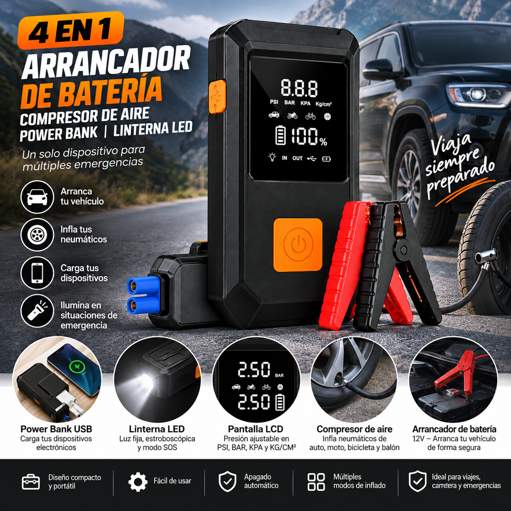 Compresor de Aire e Iniciador de Batería 4 en 1