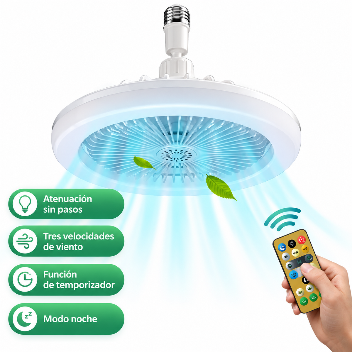 Ventilador con Luz LED E27 | 3 Velocidades + Control Remoto
